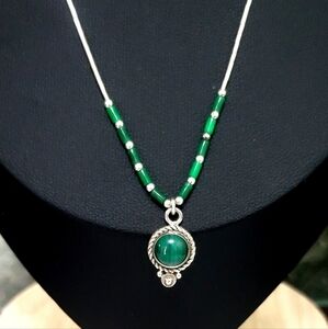 Vintage Flower Malachite Pendant With Sterling Liquid Silver Necklace